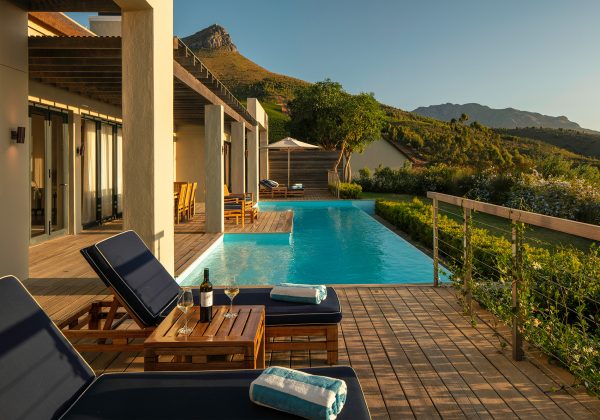 The Presidential Lodge 1 terrace and private pool overlooking the Stellenbosch Valley