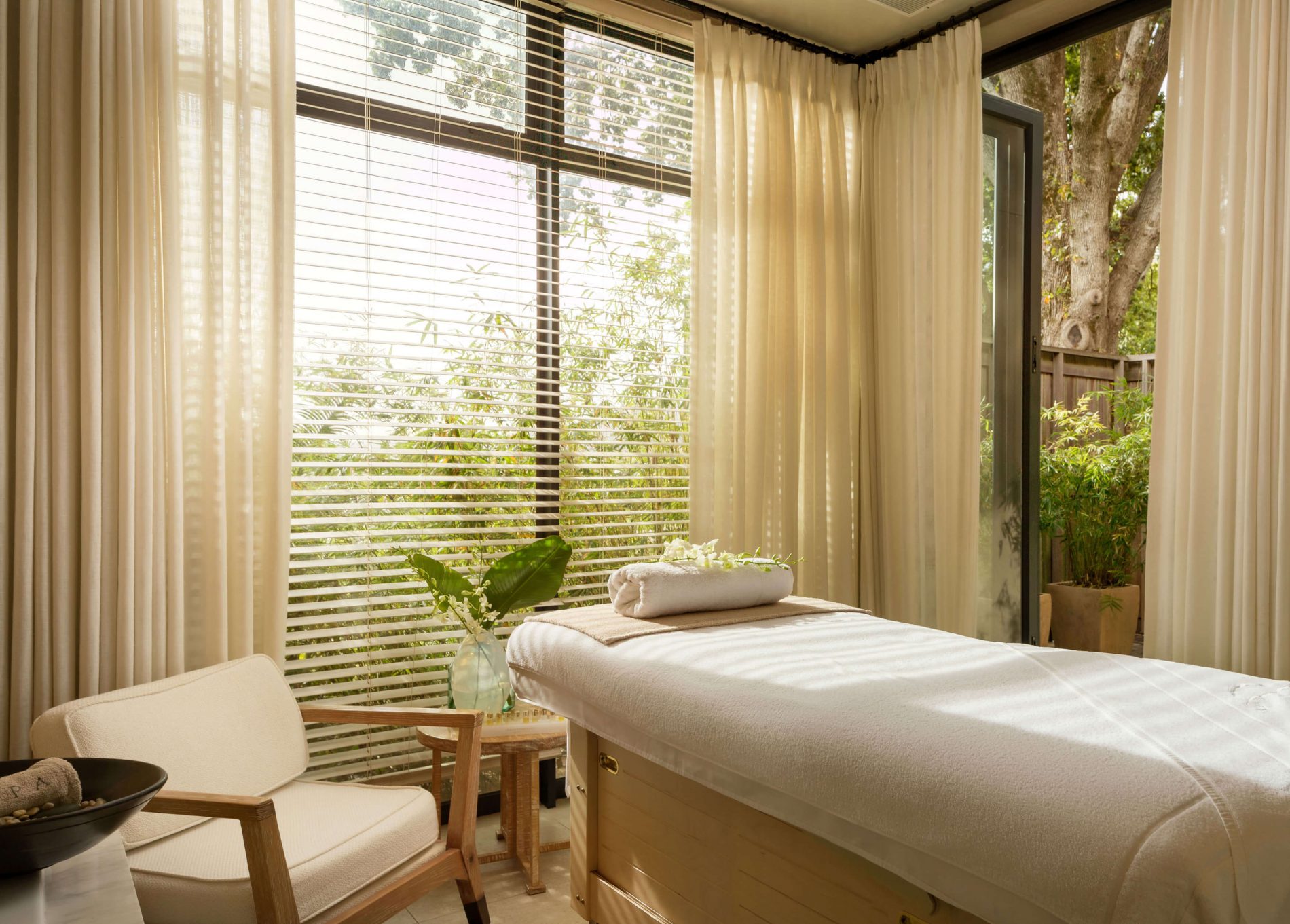 A Delaire Graff Spa treatment room overlooking gardens