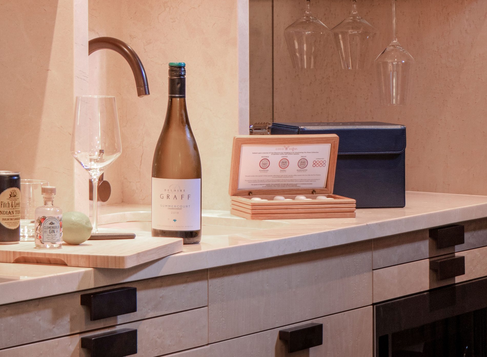 A personal lodge in-room bar with complimentary wine and treats at Delaire Graff Estate