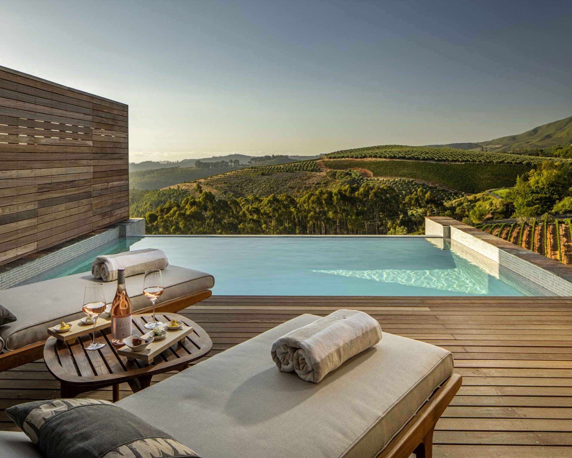 A Superior Lodge private terrace and heated plunge pool overlooking the Stellenbosch valley