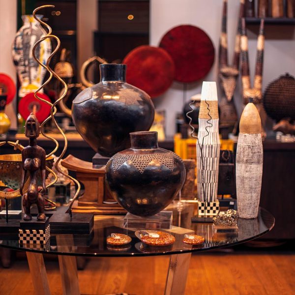 A table of African artifacts for sale at Africa Nova boutqiue at Delaire Graff Estate in Stellenbosch