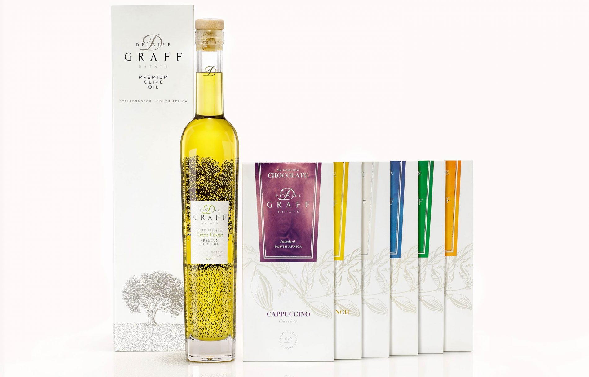 A bottle of Delaire Graff olive oil produced on the Estate and bars of Delaire Graff chocolate