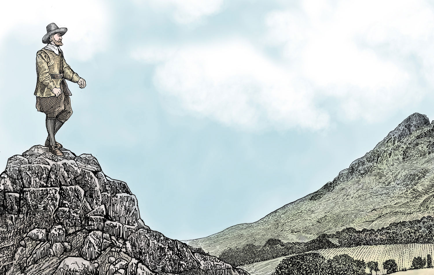 A hand drawn illustration of a pioneer Stellenbosch settler