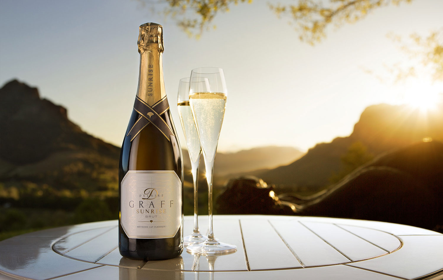 A bottle of Delaire Graff Sunrise Brut sparkling wine