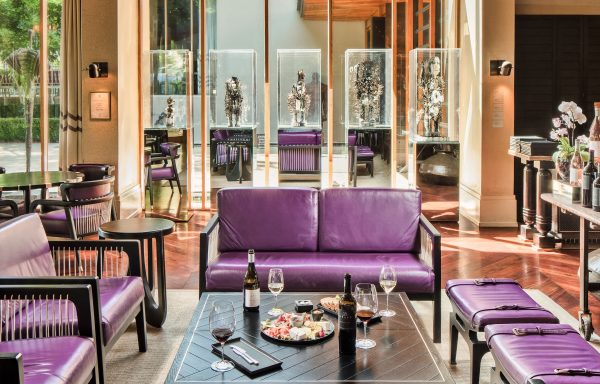 Purple leather seating and sculpture at the Wine Lounge at Delaire Graff Estate, Stellenbosch