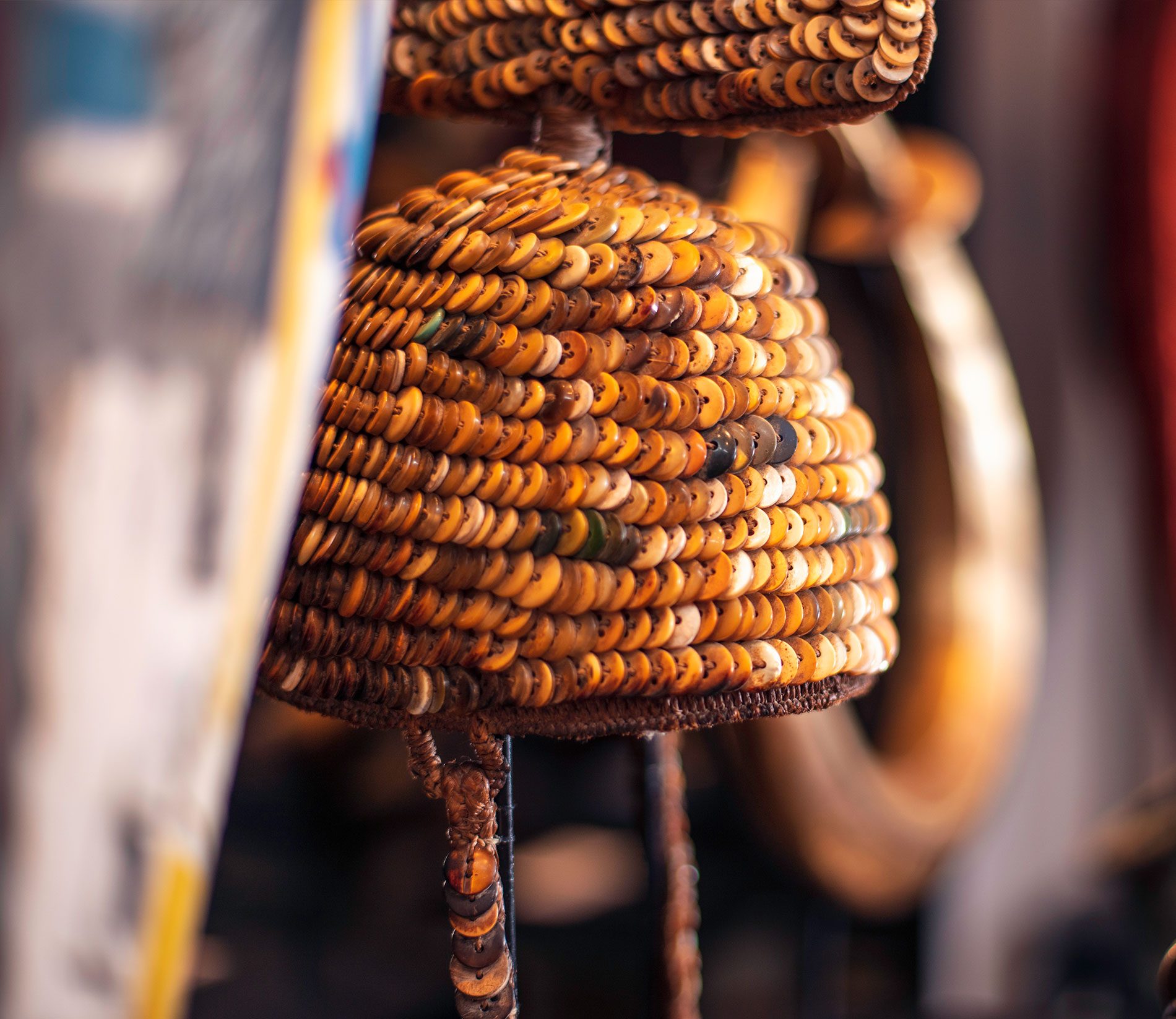 a beaded African headress on display in the Africa Nova boutique at Delaire Graff Estate