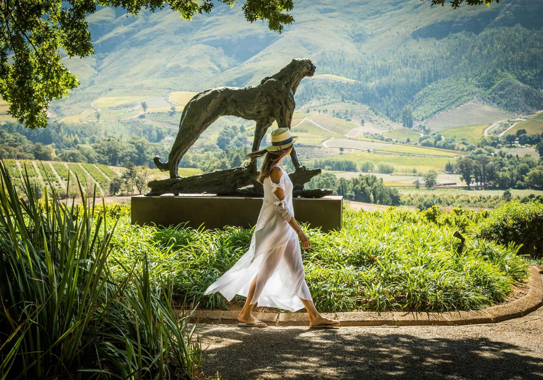 a lady walking in the grounds of Delaire Graff Estate