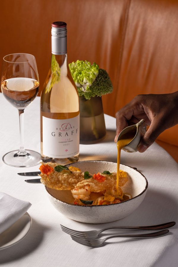 Cabernet Franc Rose Delaire Graff with fish dish at Delaire Graff Restaurant