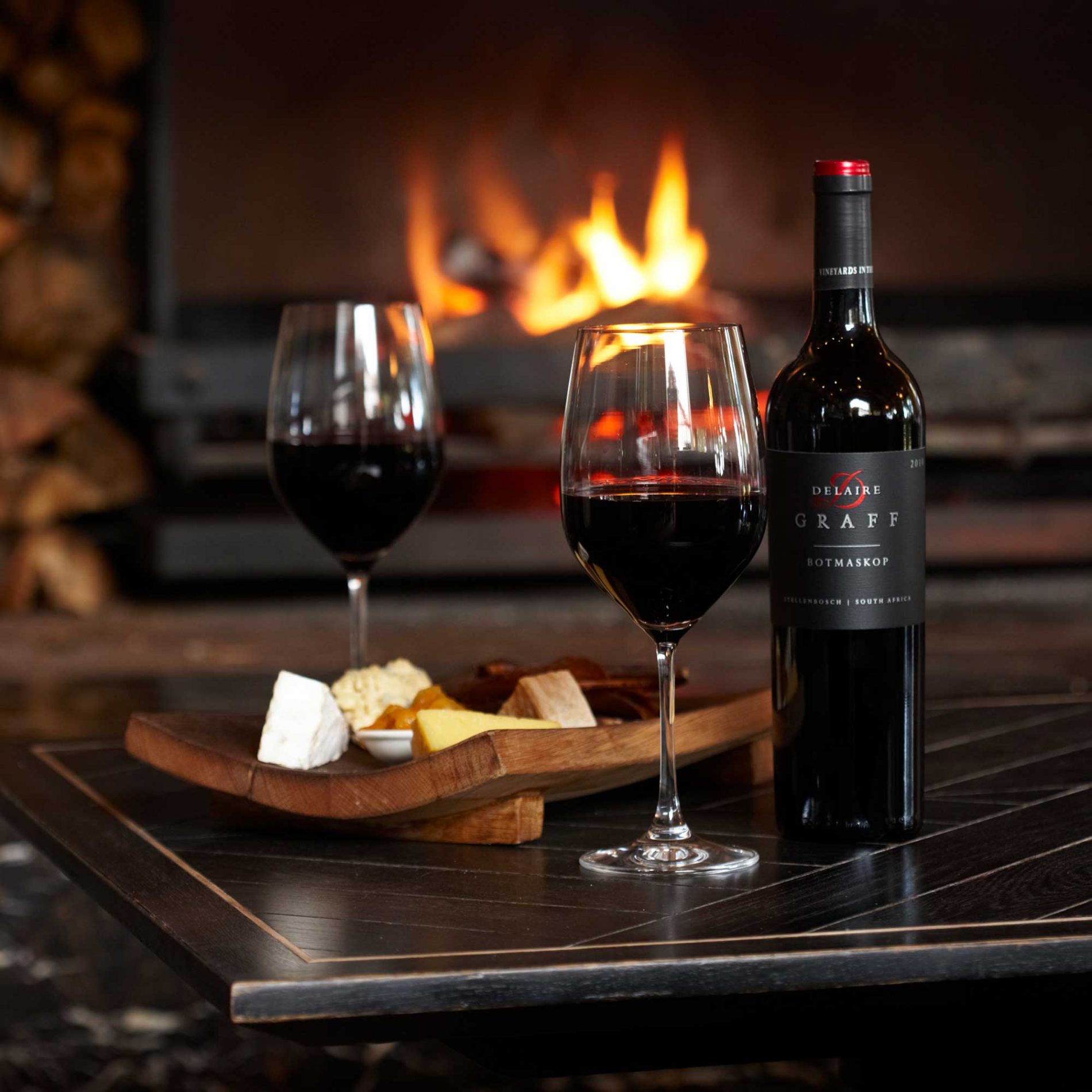 Delaire Graff Estate- wine by fire place